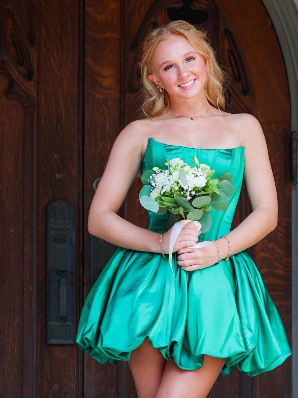 Sherri Hill Strapless Emerald Green Bubble Hem Short Dress